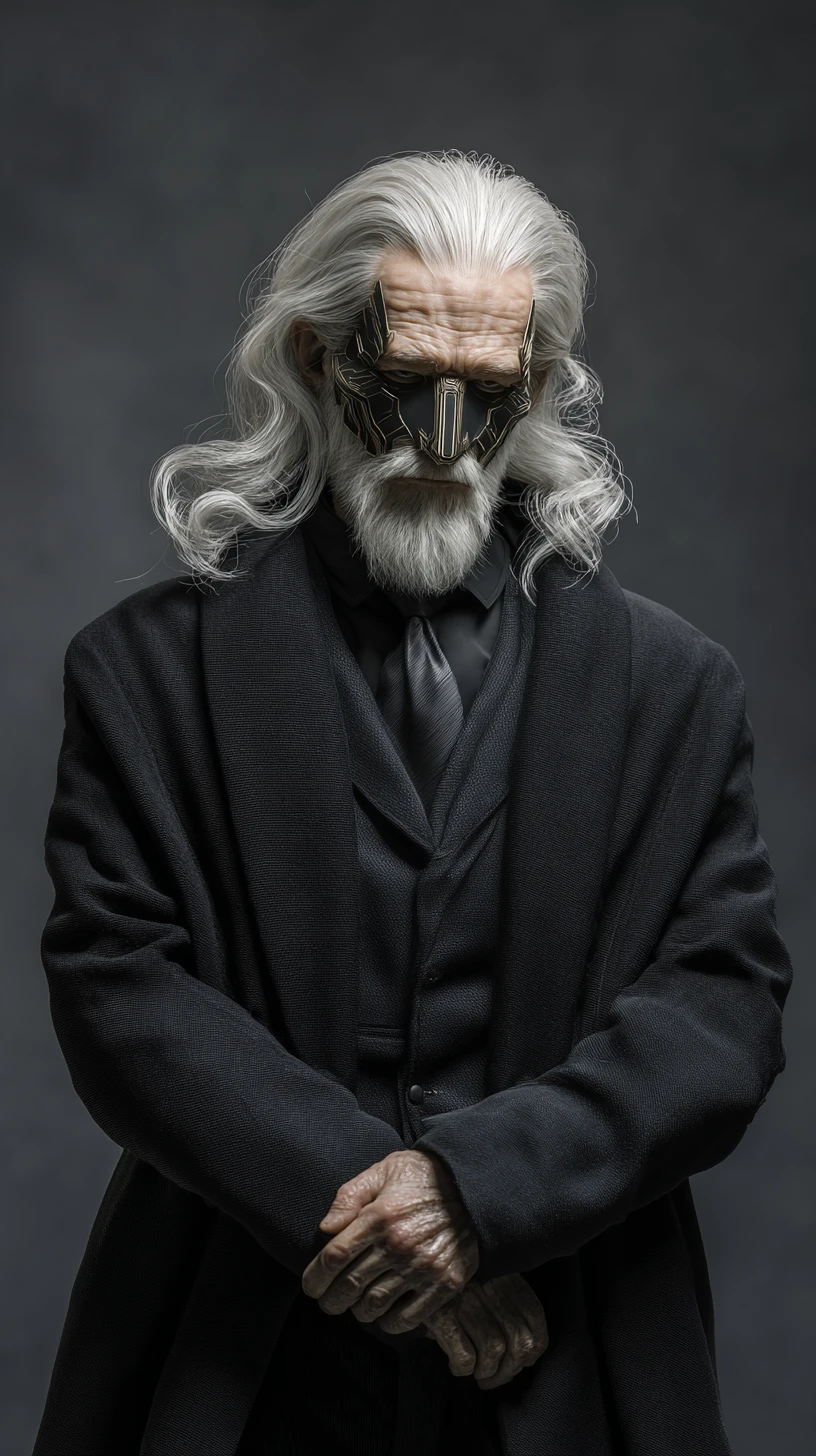 Chefe de gangue idoso com máscara em elegante terno preto