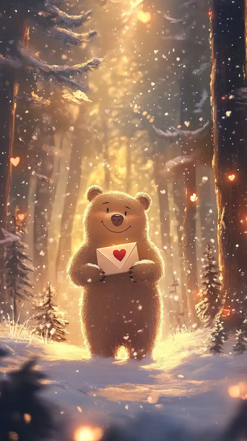 Oso amable con carta de amor en un bosque nevado resplandeciente