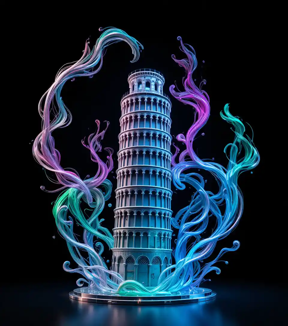 Futuristischer 3D-Turm mit chromglänzenden organischen Wirbeln