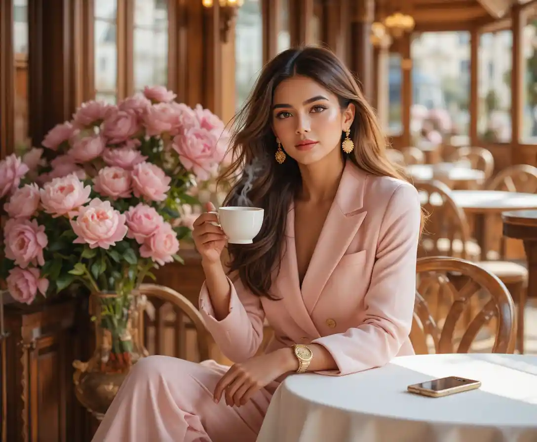 Elegant woman enjoying coffee on a sunny cafe veranda