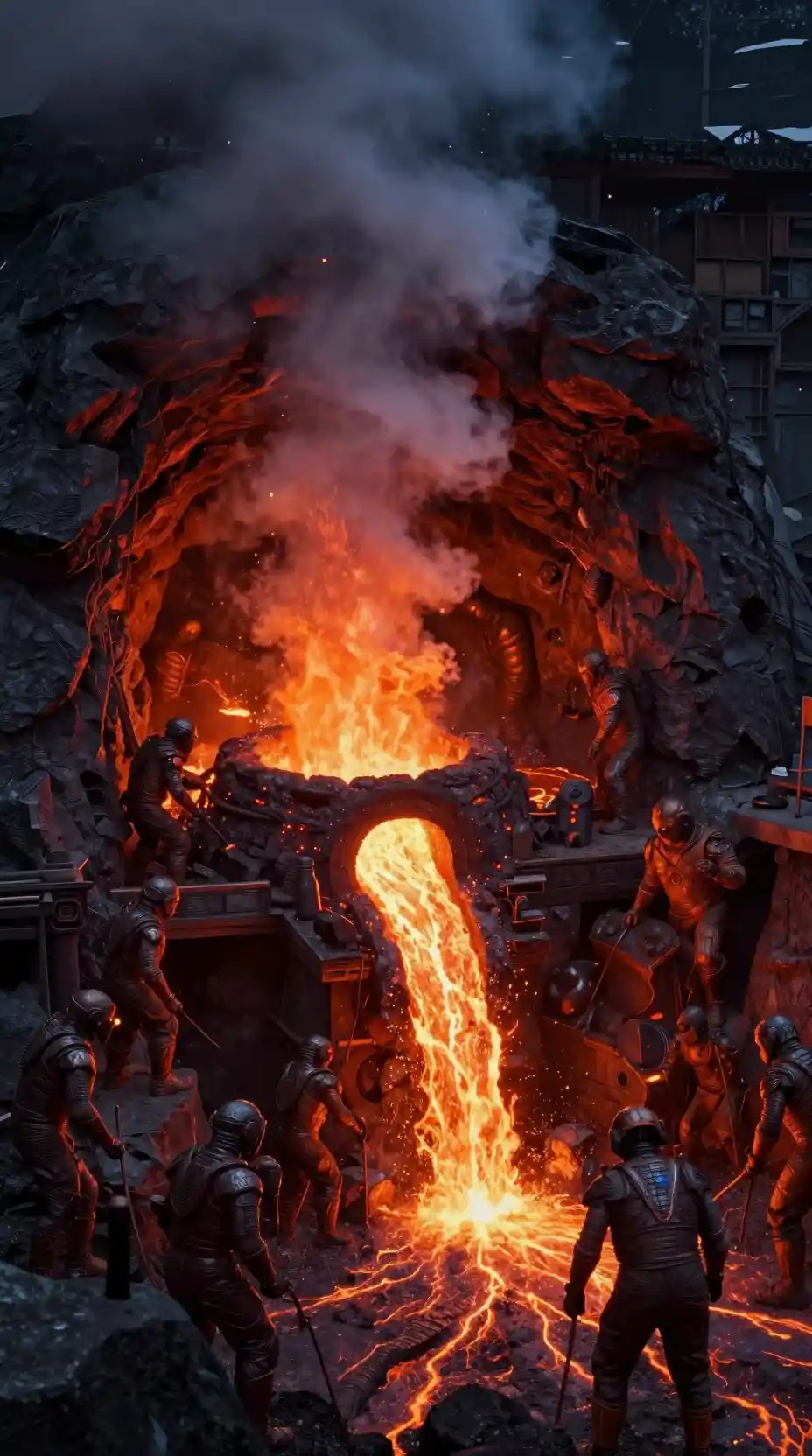 Lava Automatons Working A Colossal Forge Inside Volcano Caverns