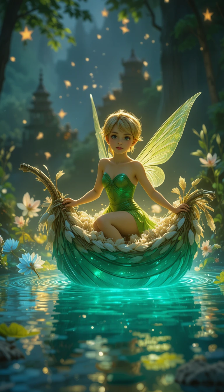 Fée Naviguant sur un Bateau de Plume sur un Étang Enchanté Lumineux