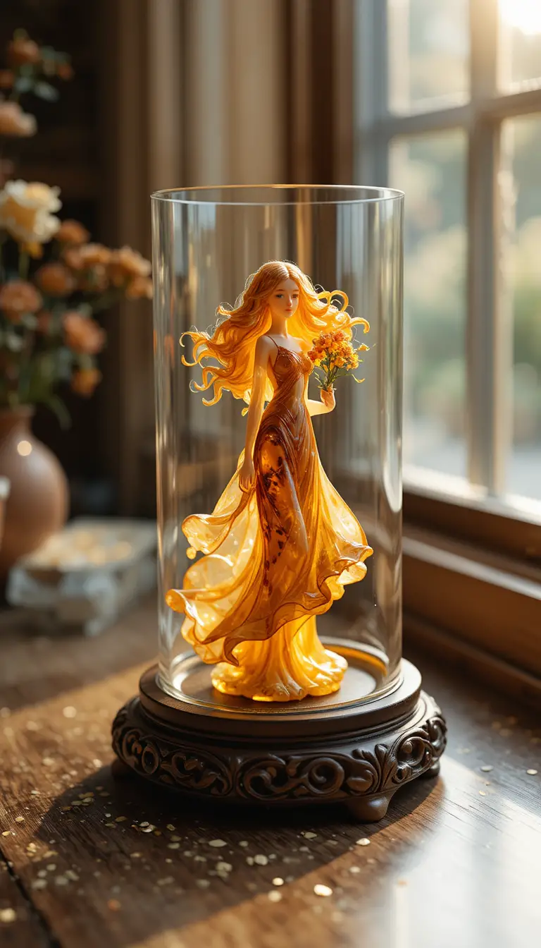 Statuina di ragazza color ambra in cubo di vetro alla luce del mattino