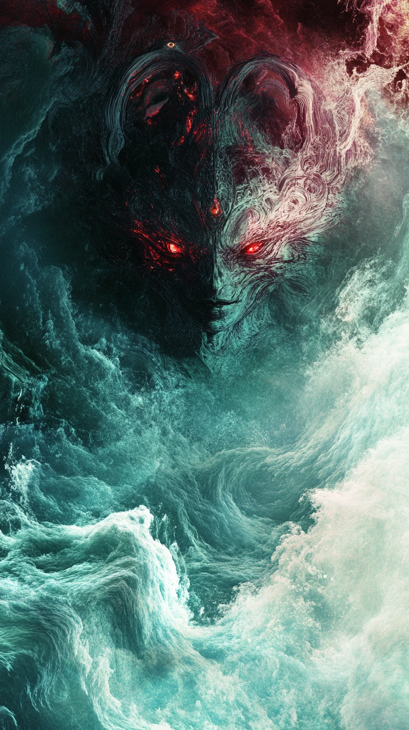 Primordial sea goddess battling rebellious gods in storm
