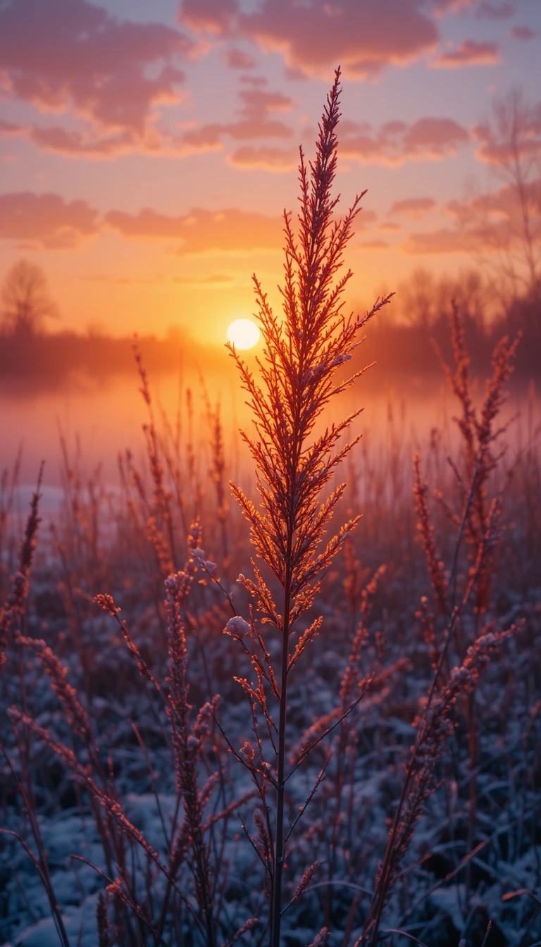 Roseaux dorés illuminés par un coucher de soleil d’hiver coloré