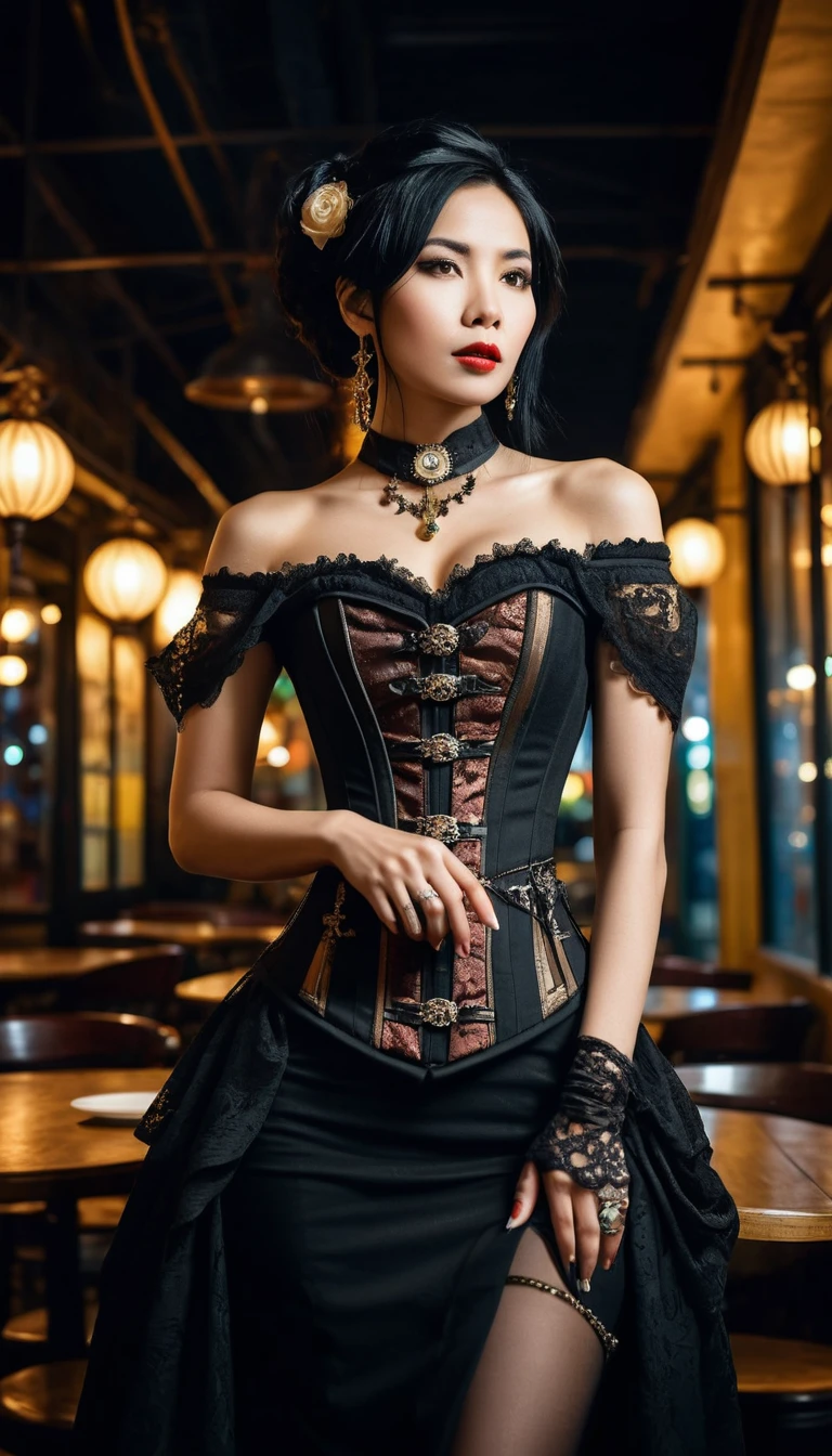 Mulher vietnamita de espartilho steampunk em restaurante à noite