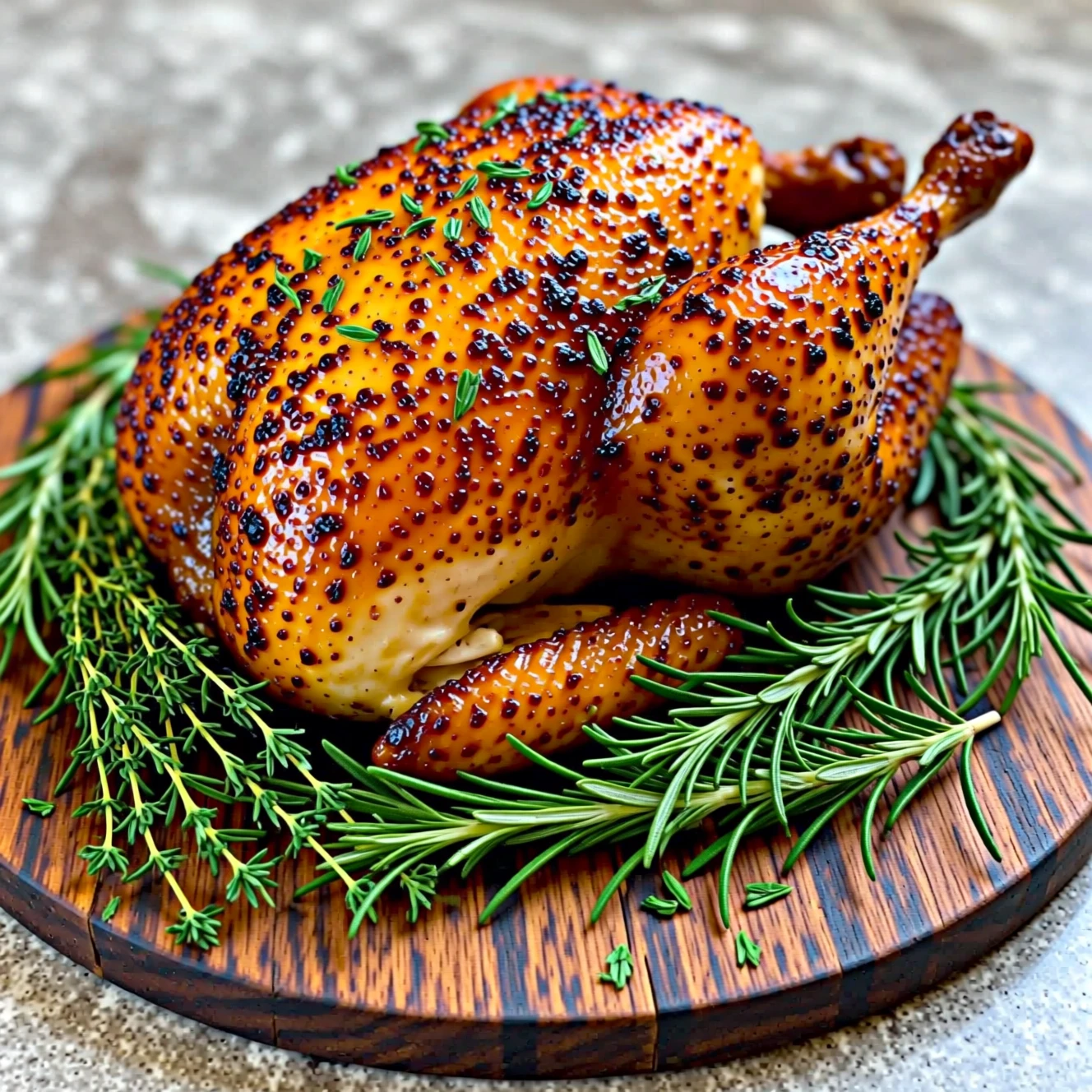 Goldenes Brathähnchen auf rustikalem Holzbrett mit Kräutern