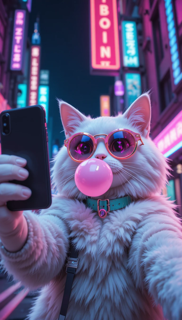 Gato fofo em 3D estilo anime fazendo selfie na cidade neon