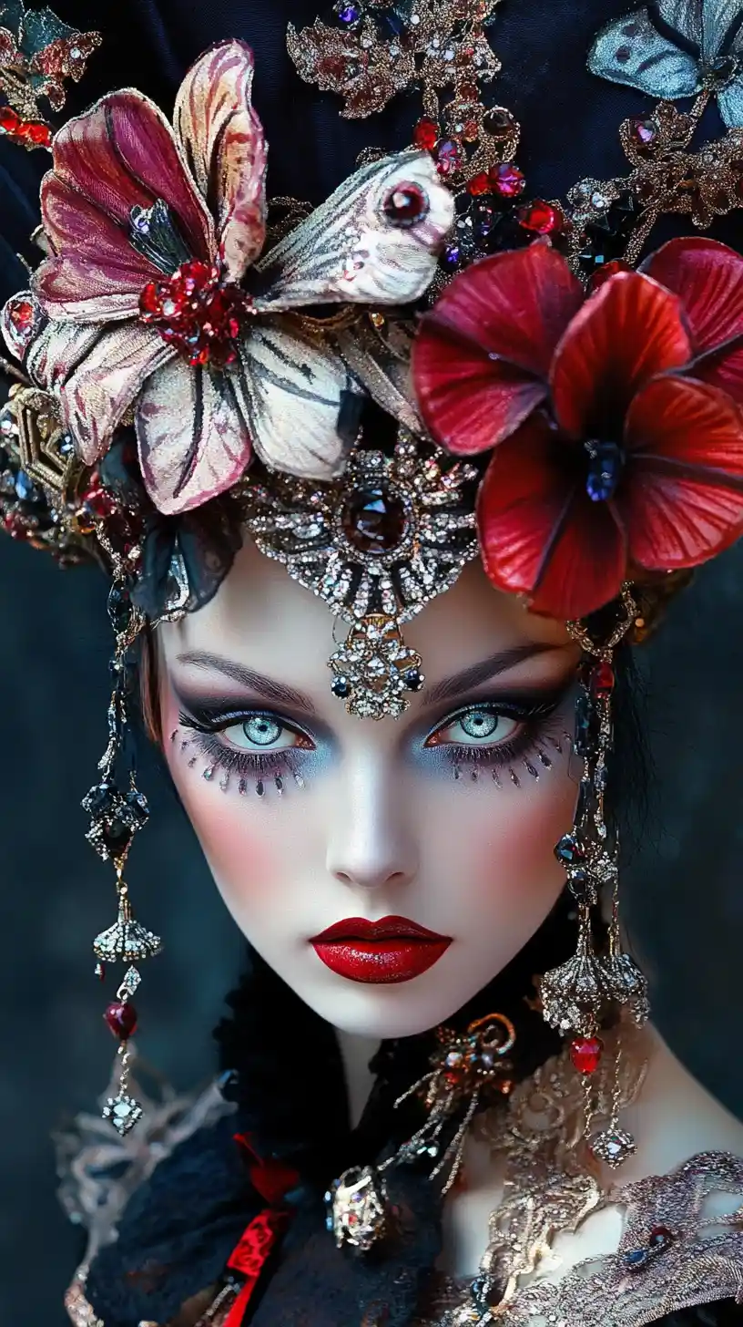 Extravagant empress with jeweled headdress and gothic makeup
