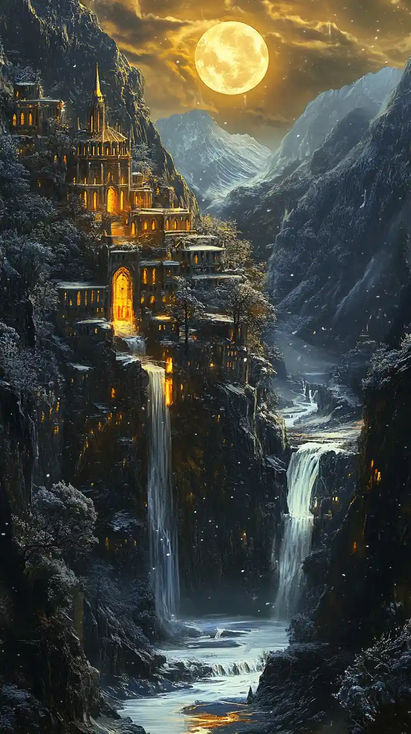 Majestic fantasy monastery above a golden moonlit river