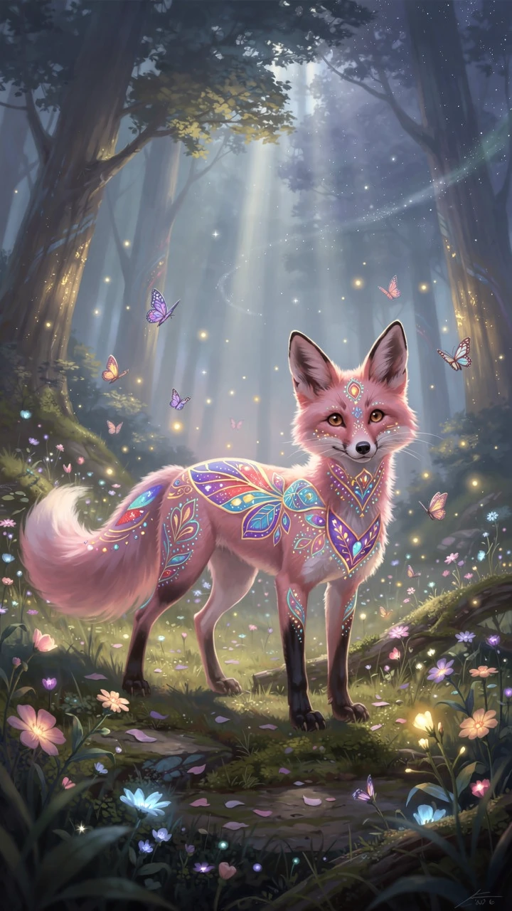 Renard rose mythique dans une forêt enchantée lumineuse