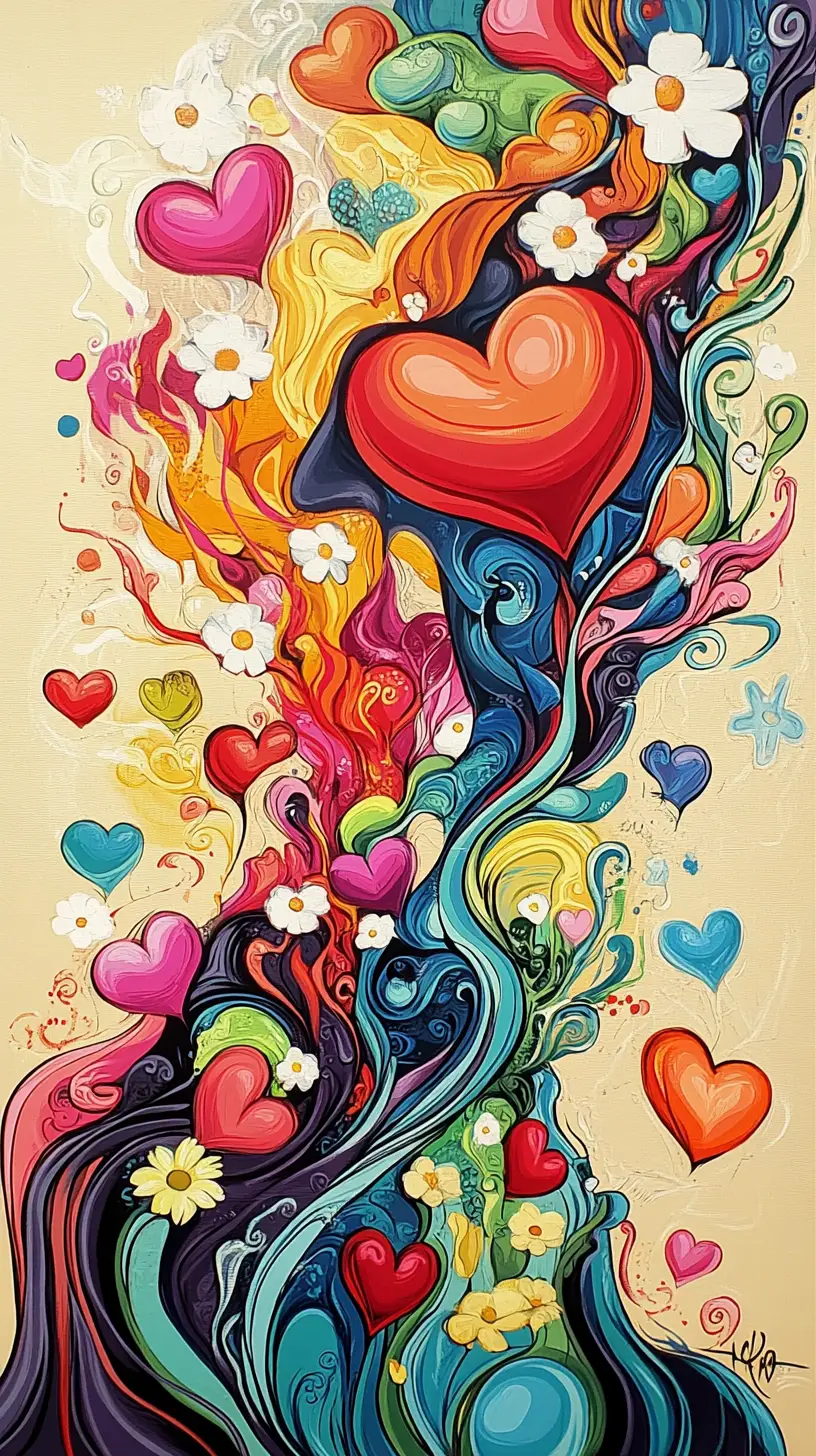 Naive art love story with hearts over sea at sunset