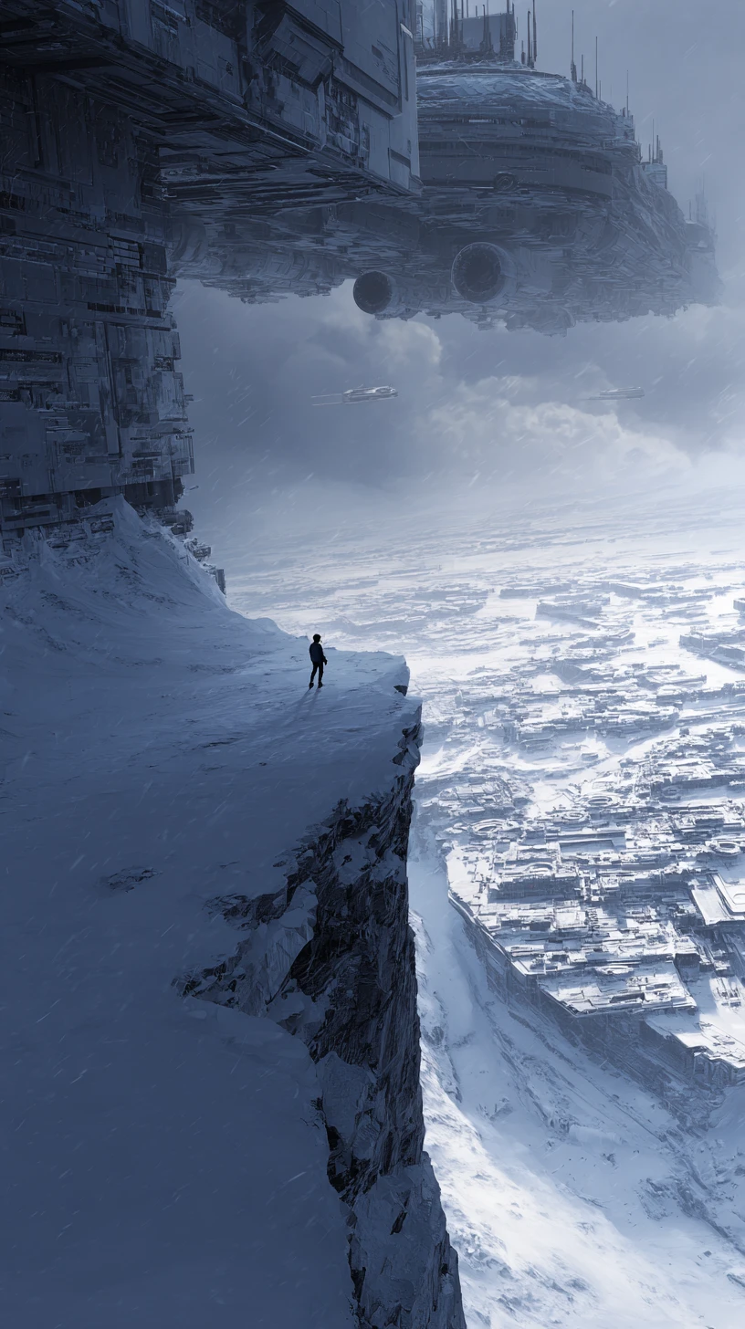 Figura solitária em penhasco nevado sobre megacidade sci-fi congelada