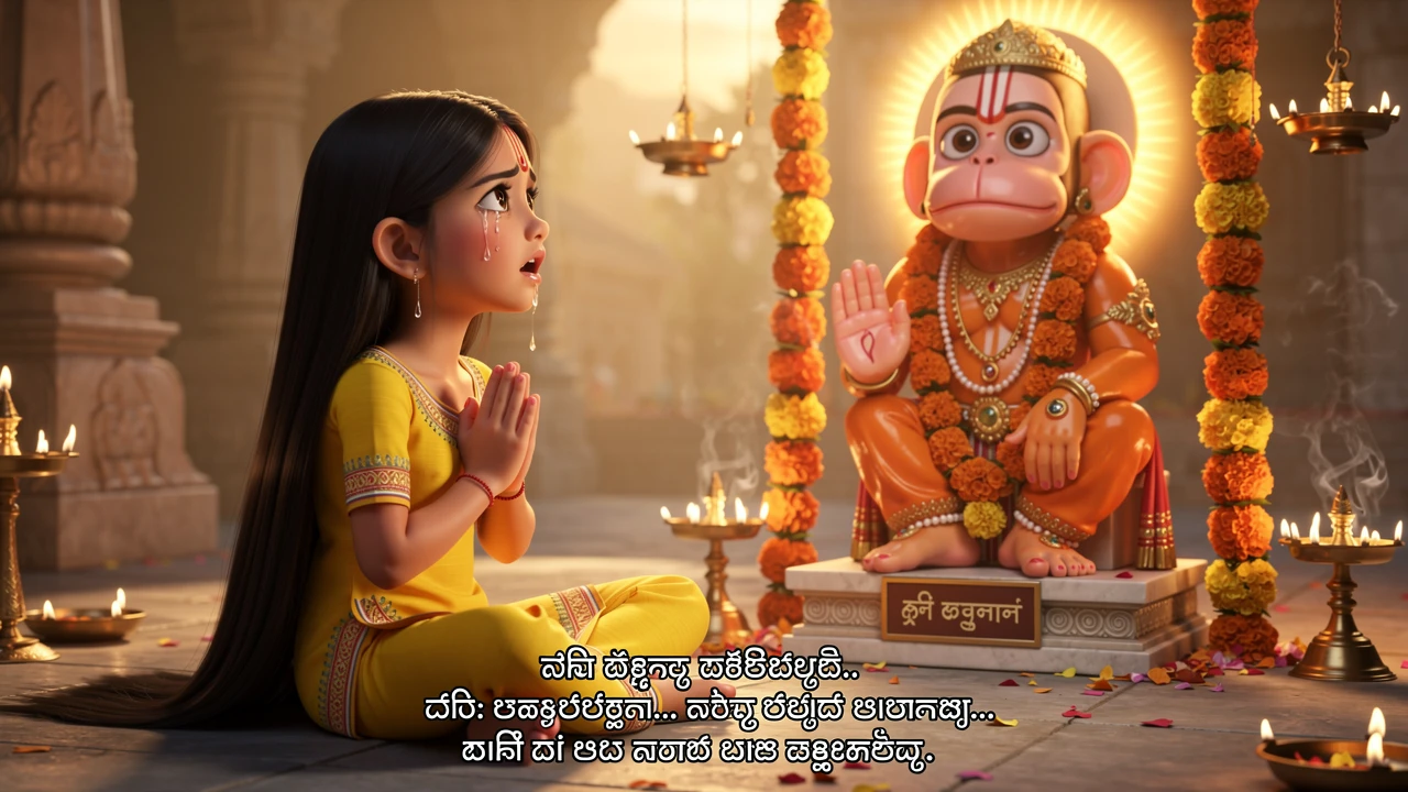 Jeune fille priant en larmes devant l’idole du temple de Hanuman