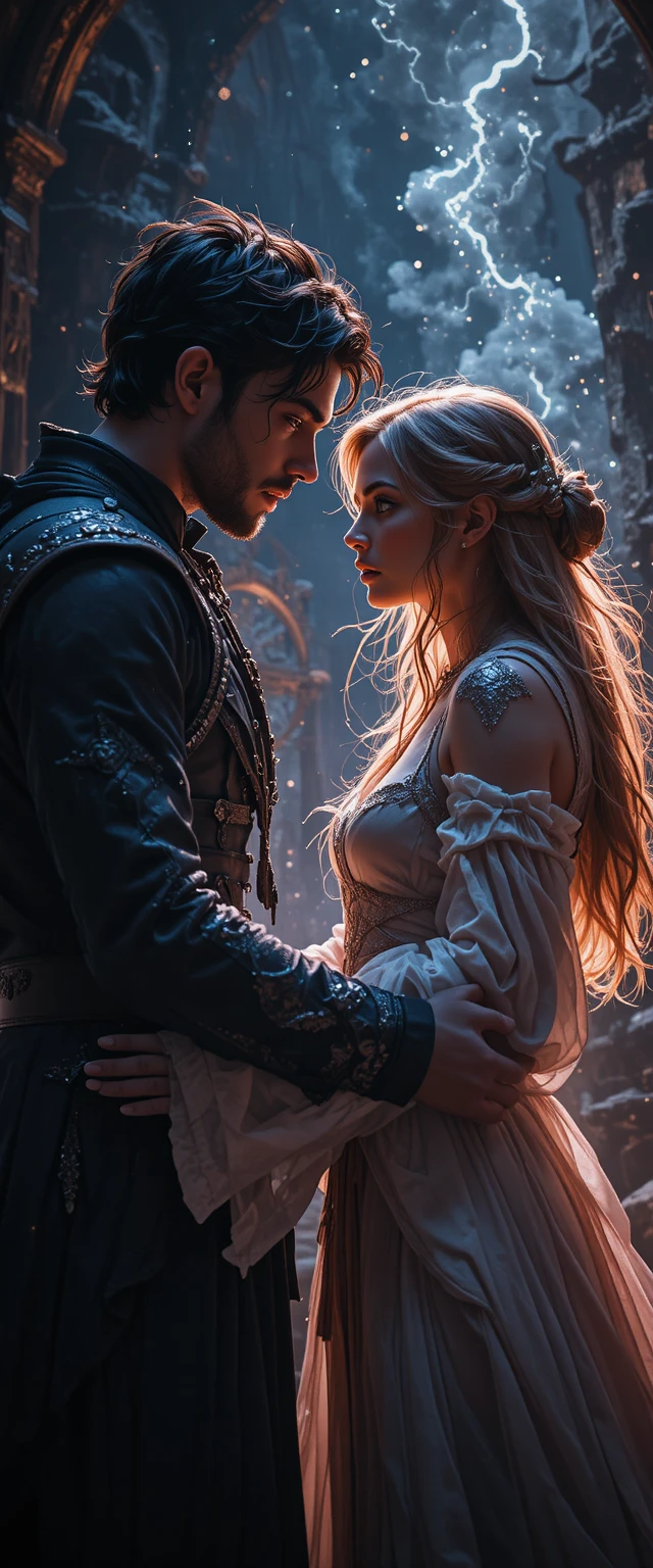 Casal de fantasia discutindo em uma câmara mágica escura