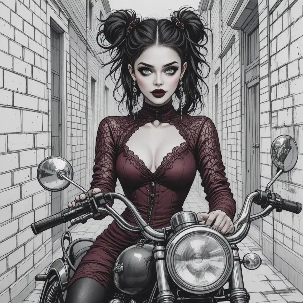 Gothic woman in lace dress on motorcycle in alley