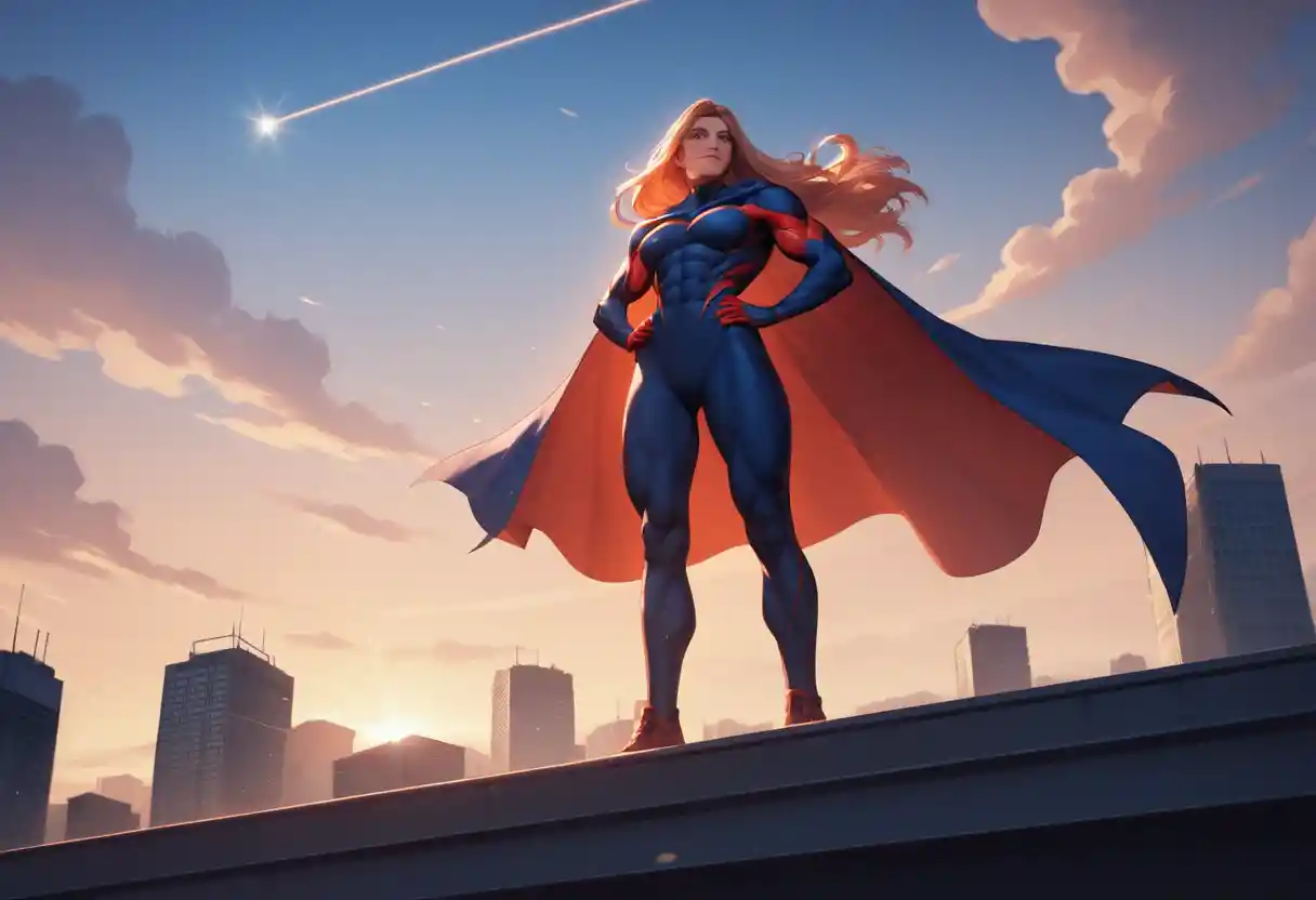 Muscular superhero woman on a glowing city rooftop at sunset