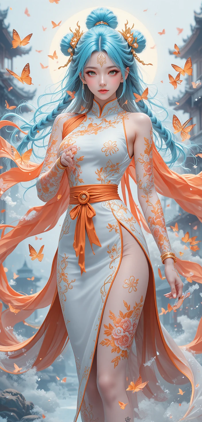 Mythic anime warrior woman in glowing battle stance