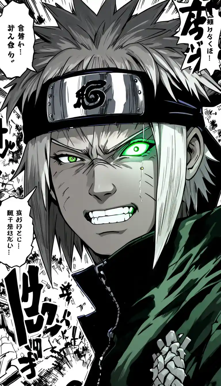 緑に光る片目の緊迫したアニメ戦士のクローズアップ
