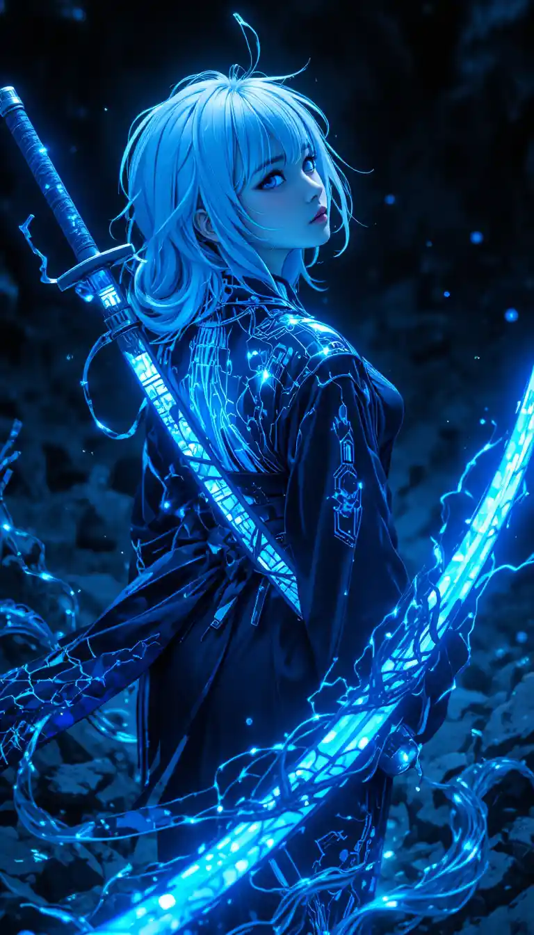 Cyber anime girl with glowing katana in dark void