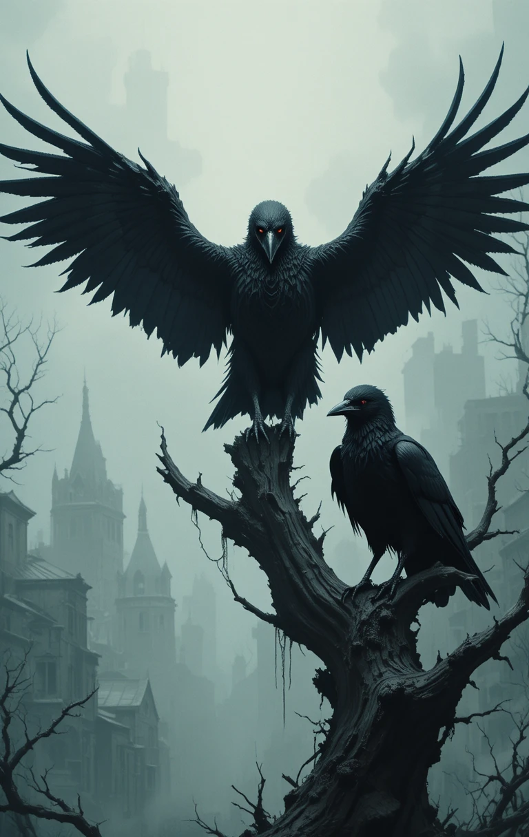Trois corbeaux noirs sur un arbre nu au-dessus d’une ville fantomatique