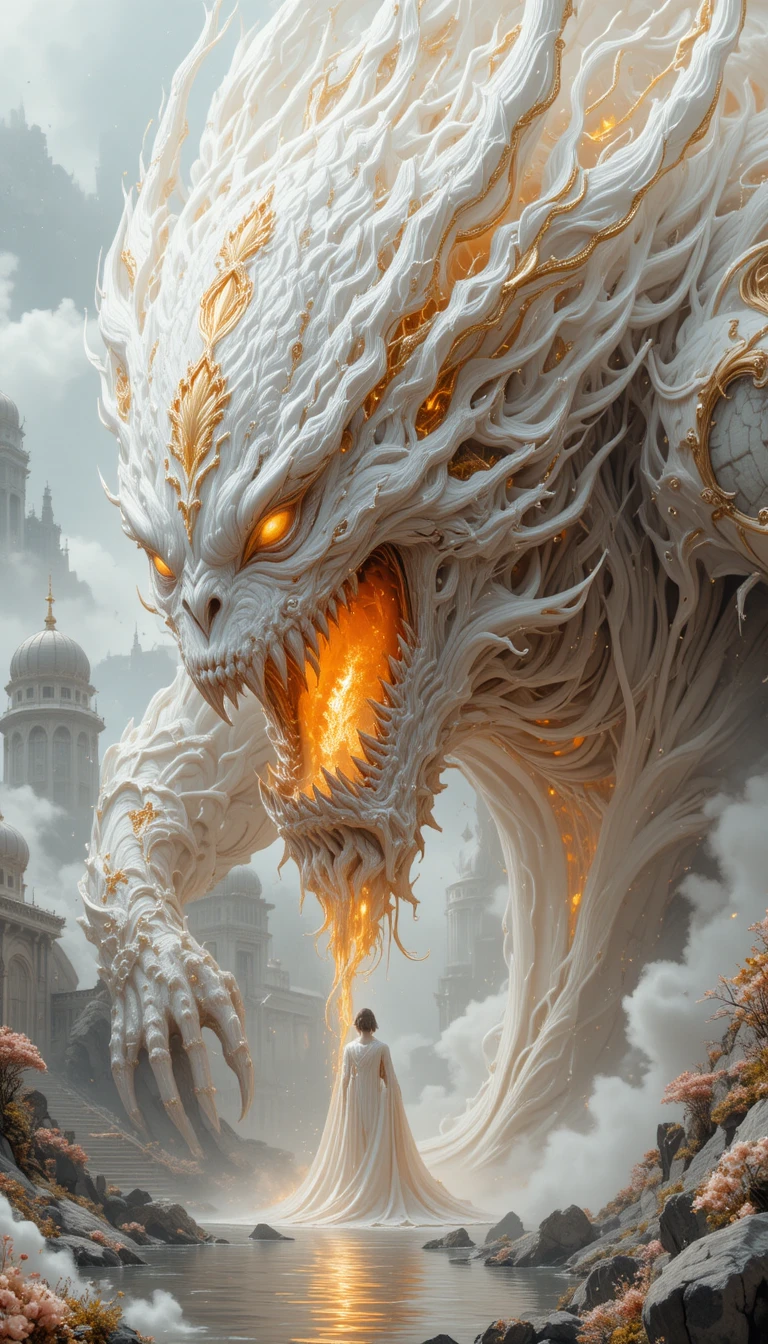 Graceful Mythical Spirit Creature Before A White Fantasy Palace