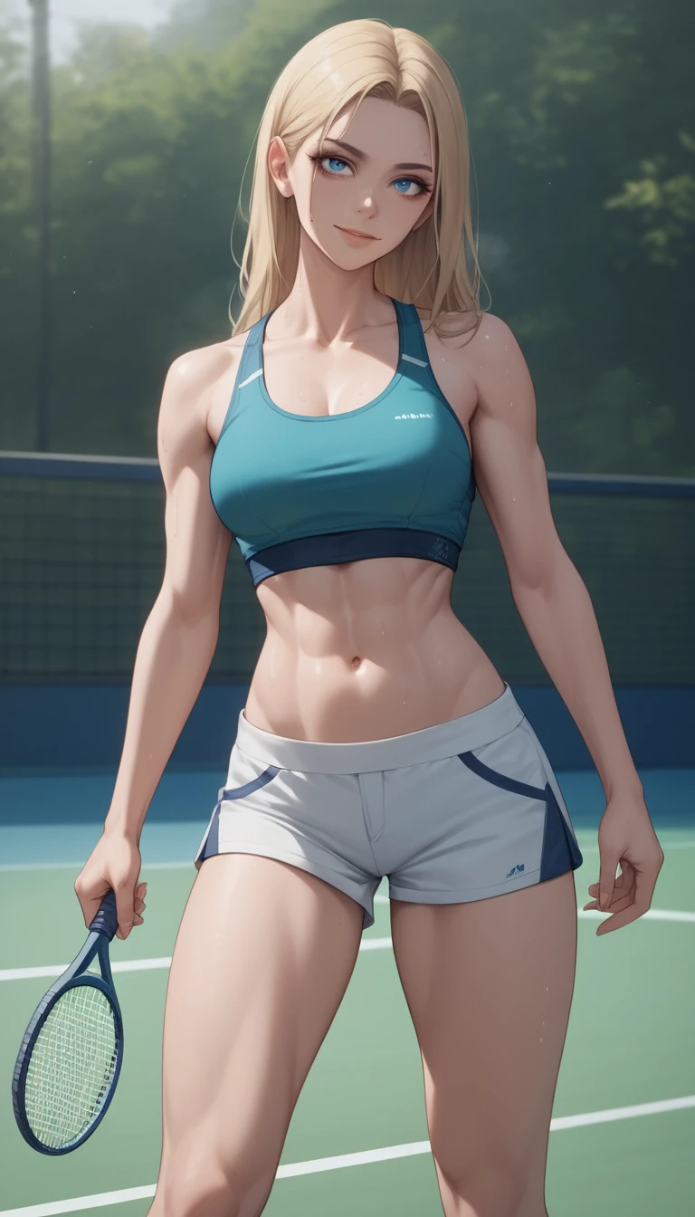 Femme blonde athlétique sur un coussin dans un court de tennis intérieur
