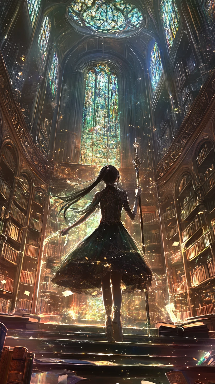 Garota maga de anime em uma misteriosa biblioteca com vitrais