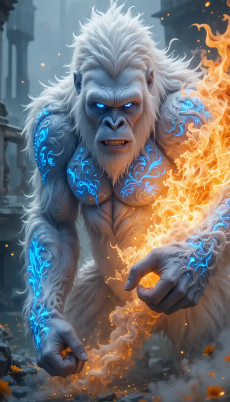 White furred gorilla warrior with neon tattoos and fire
