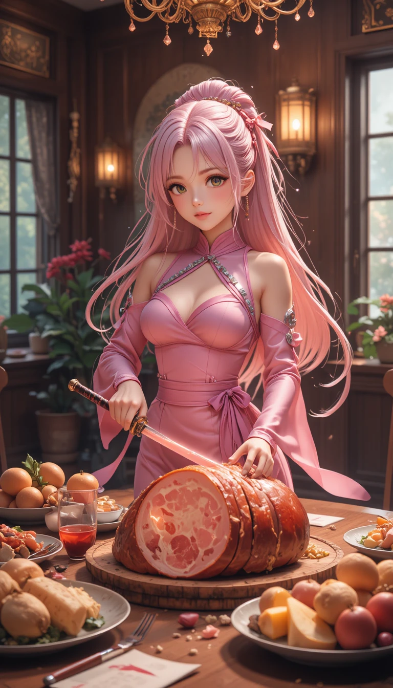 Anime ninja girl slicing ham in a warm dining room
