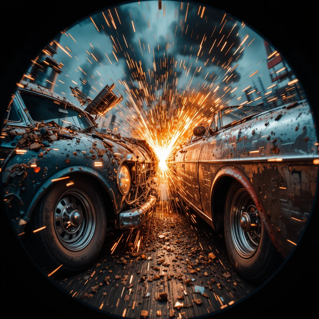 Vista olho de peixe de dois carros velhos colidindo em faíscas
