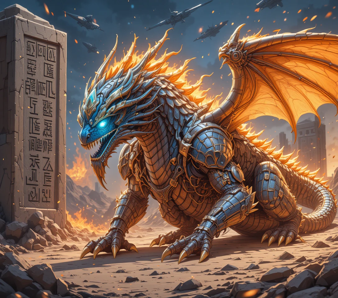 Massive anime dragon guardian in an alien desert