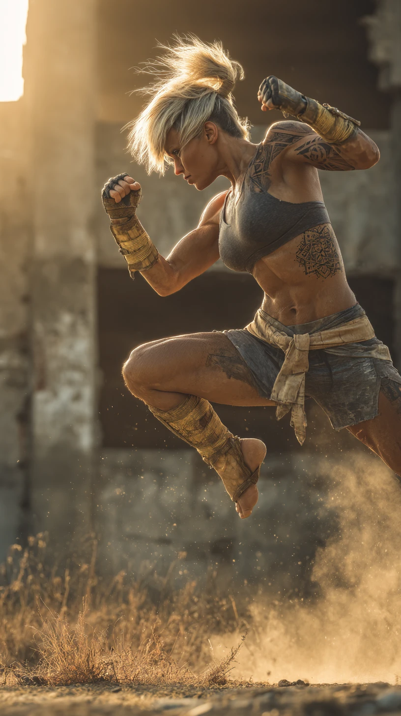 Guerreira aplicando um poderoso uppercut ao pôr do sol
