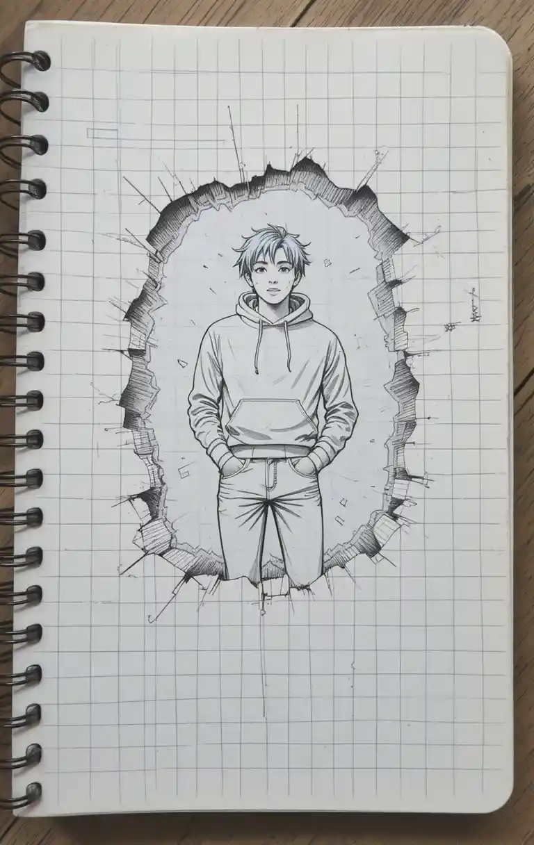 Schizzo a matita di uomo che irrompe da una pagina strappata di quaderno