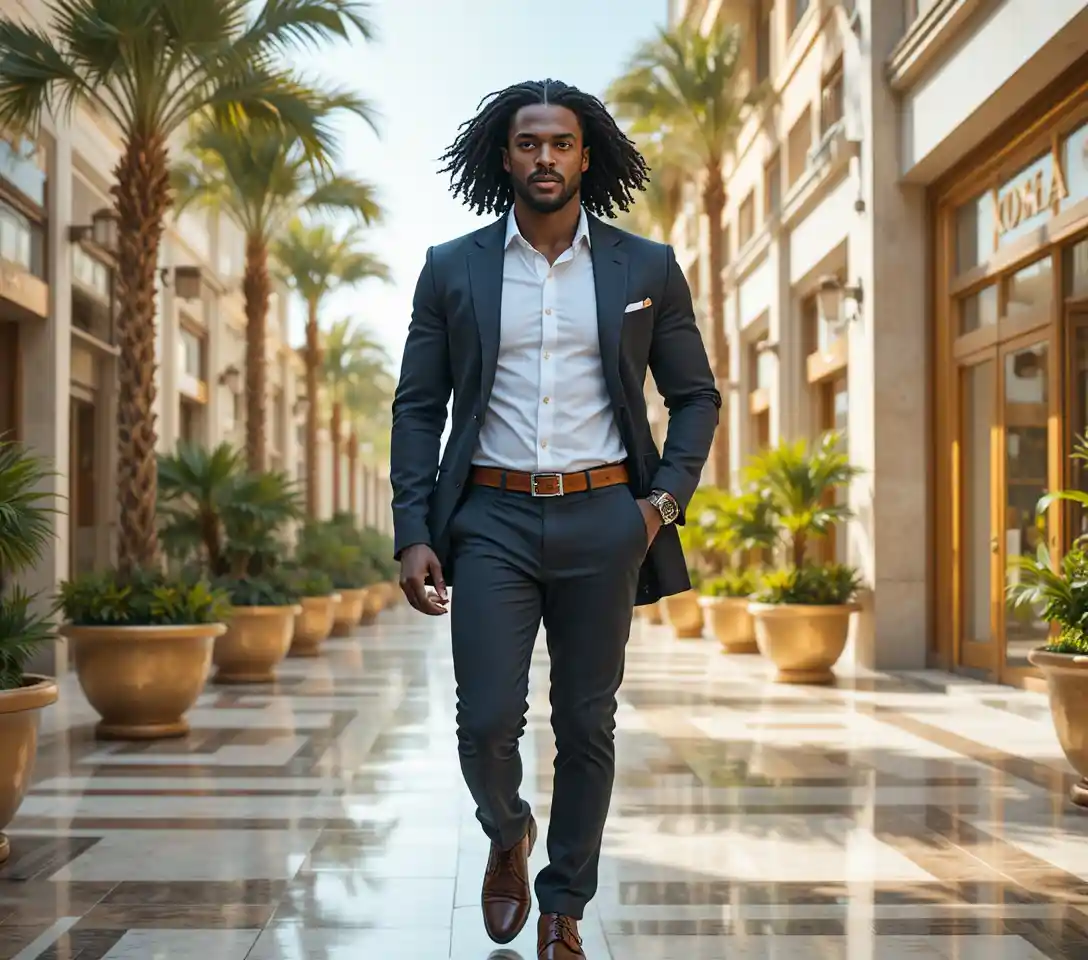 Confident stylish king walking through luxury outdoor plaza