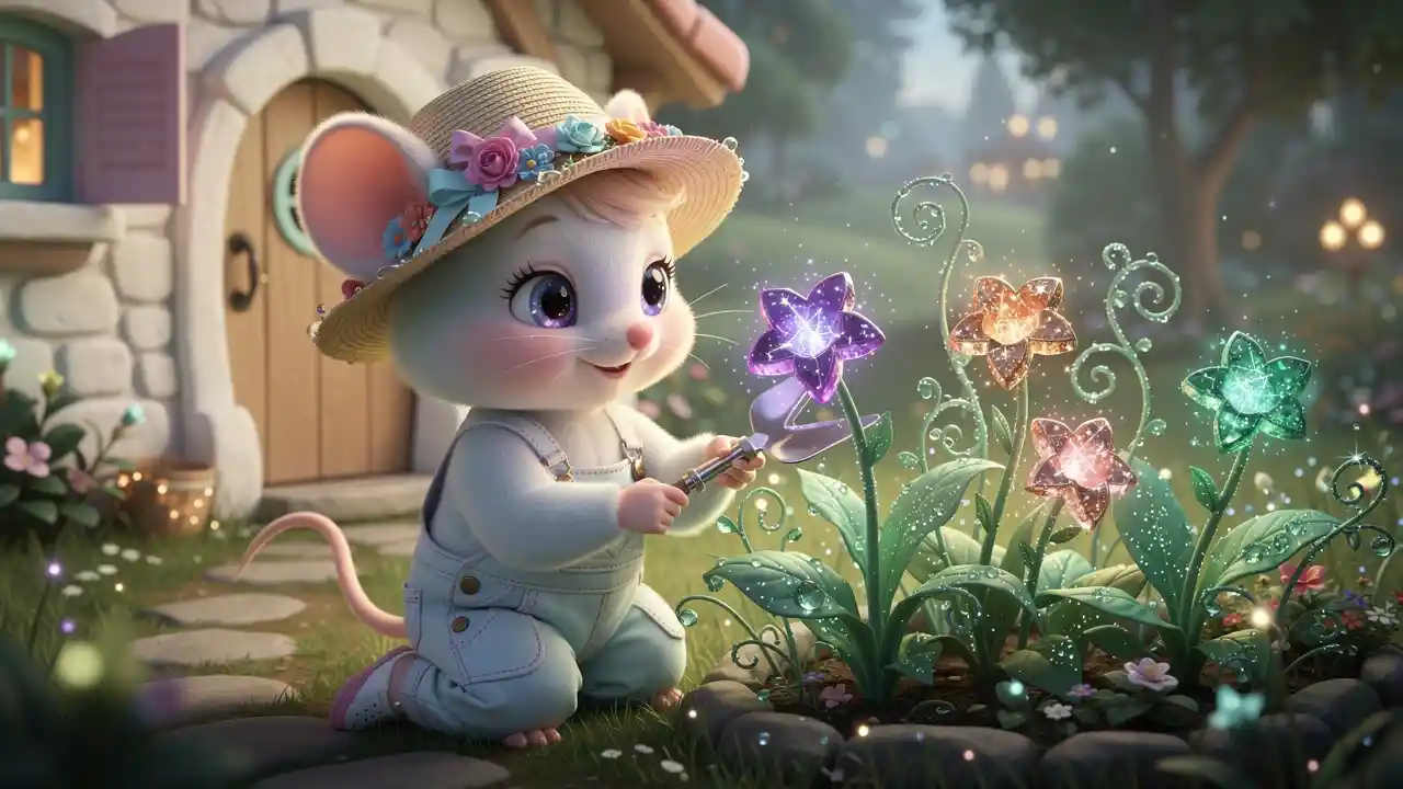Dolce topolino bebè giardiniere in un giardino fantasy luminoso