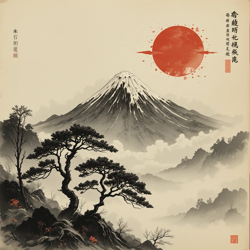 Antiga pintura japonesa a tinta do Monte Fuji e cerejeiras