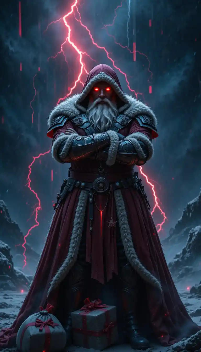 Armored Santa With Glowing Red Eyes In Stormy Lightning