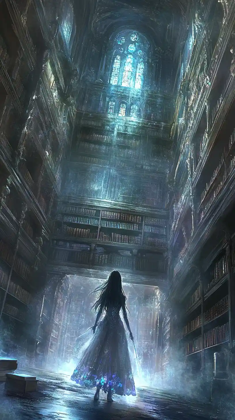 Maga anime in una biblioteca illuminata da vetrate colorate
