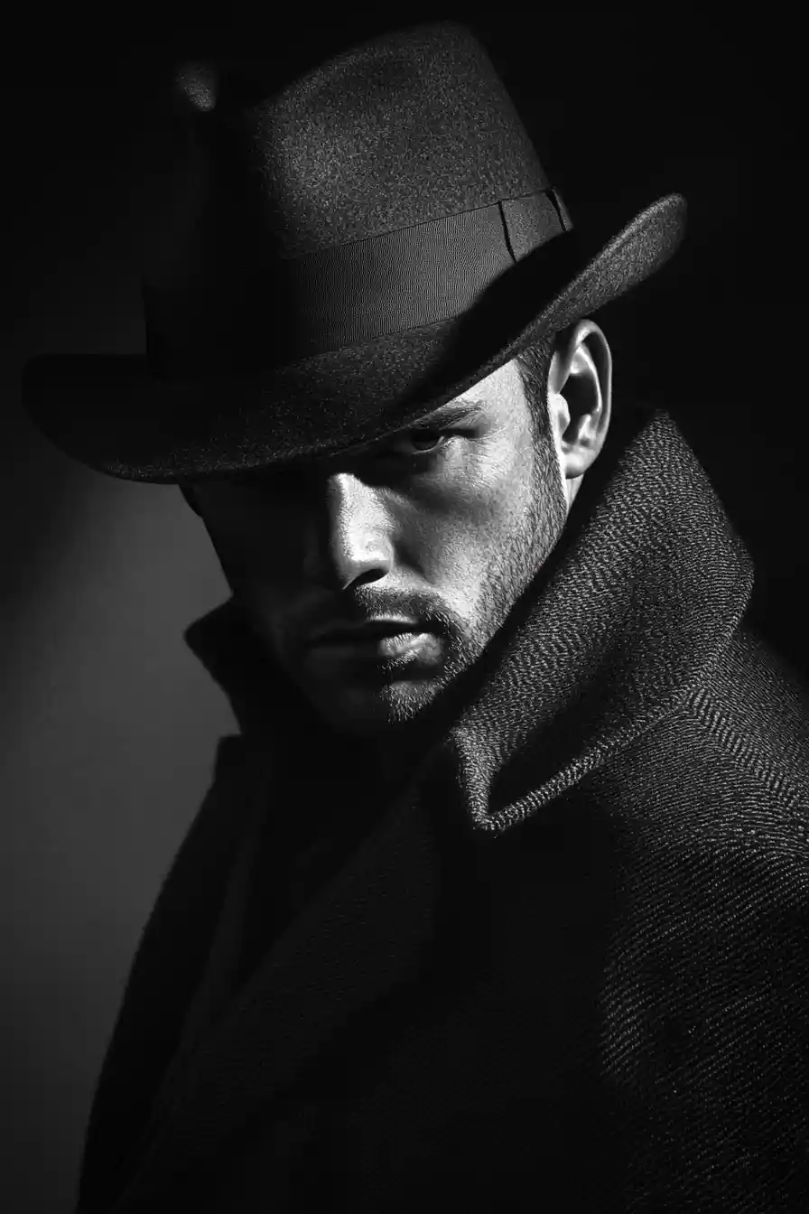 Ritratto noir in bianco e nero di un classico investigatore privato