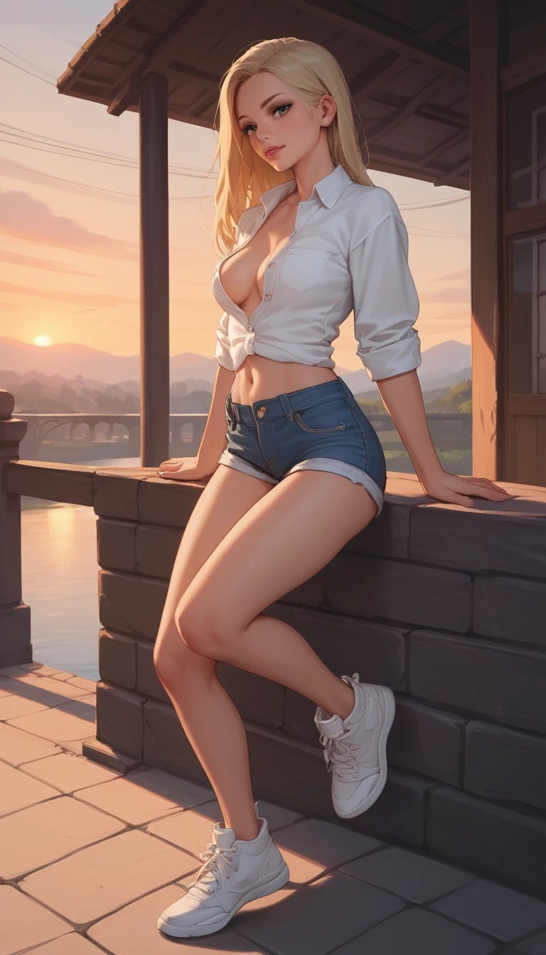해질 무렵 다리 아래에서 포즈를 취하는 금발 애니메이션 소녀