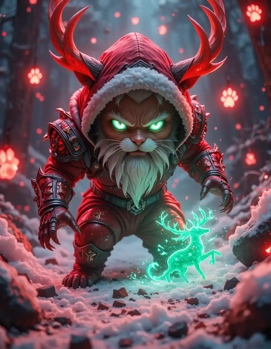 Guerreiro gato de anime de cristal com capuz vermelho coberto de runas