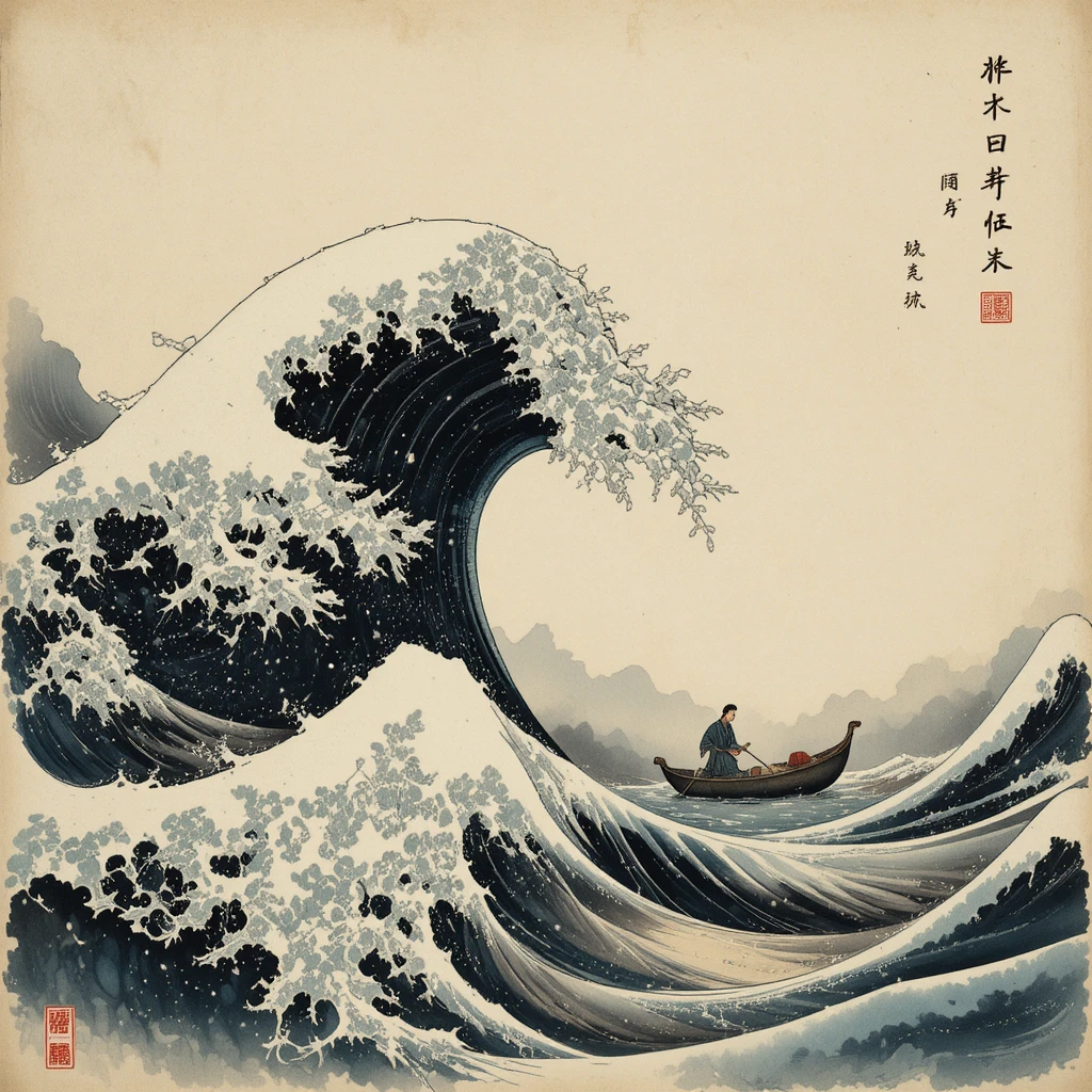 Ancient Japanese ink painting of canoe on stormy ocean waves