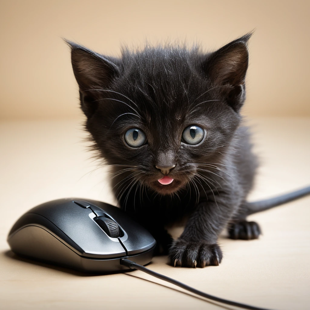 Gatinho preto brincalhão mordendo um mouse de computador com fio