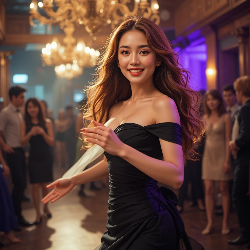 Donna coreana che balla samba su una pista luminosa in un club di Rio