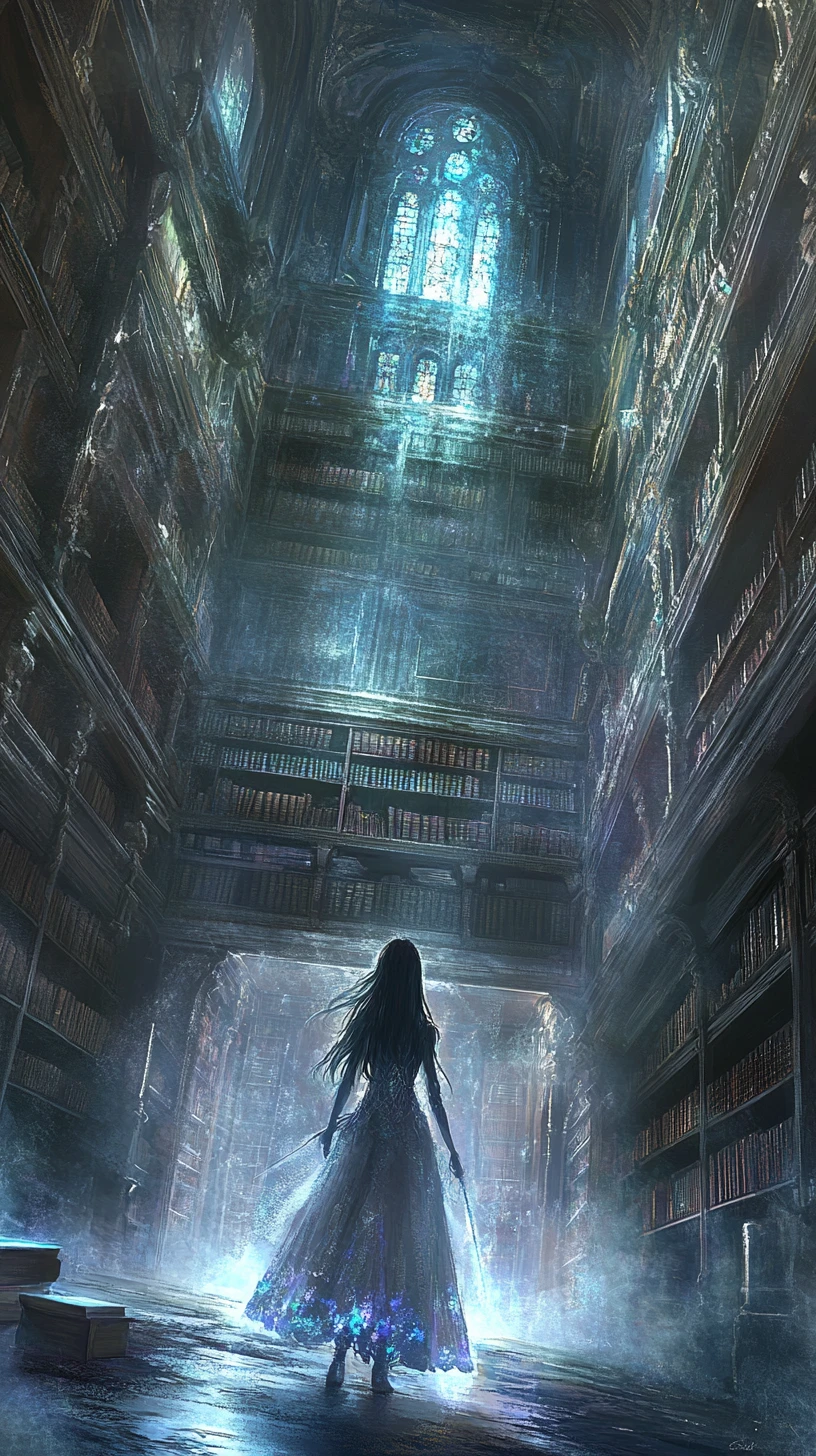 Garota maga de anime em uma biblioteca iluminada por vitrais