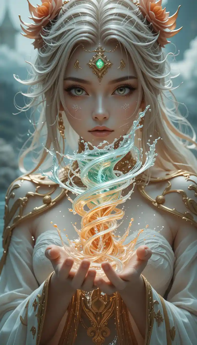 Guerriera fantasy che tiene un vortice d’acqua luminoso