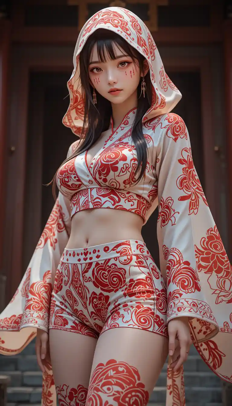 Femme d’anime avec peinture rouge sur le visage et capuche en soie à motifs