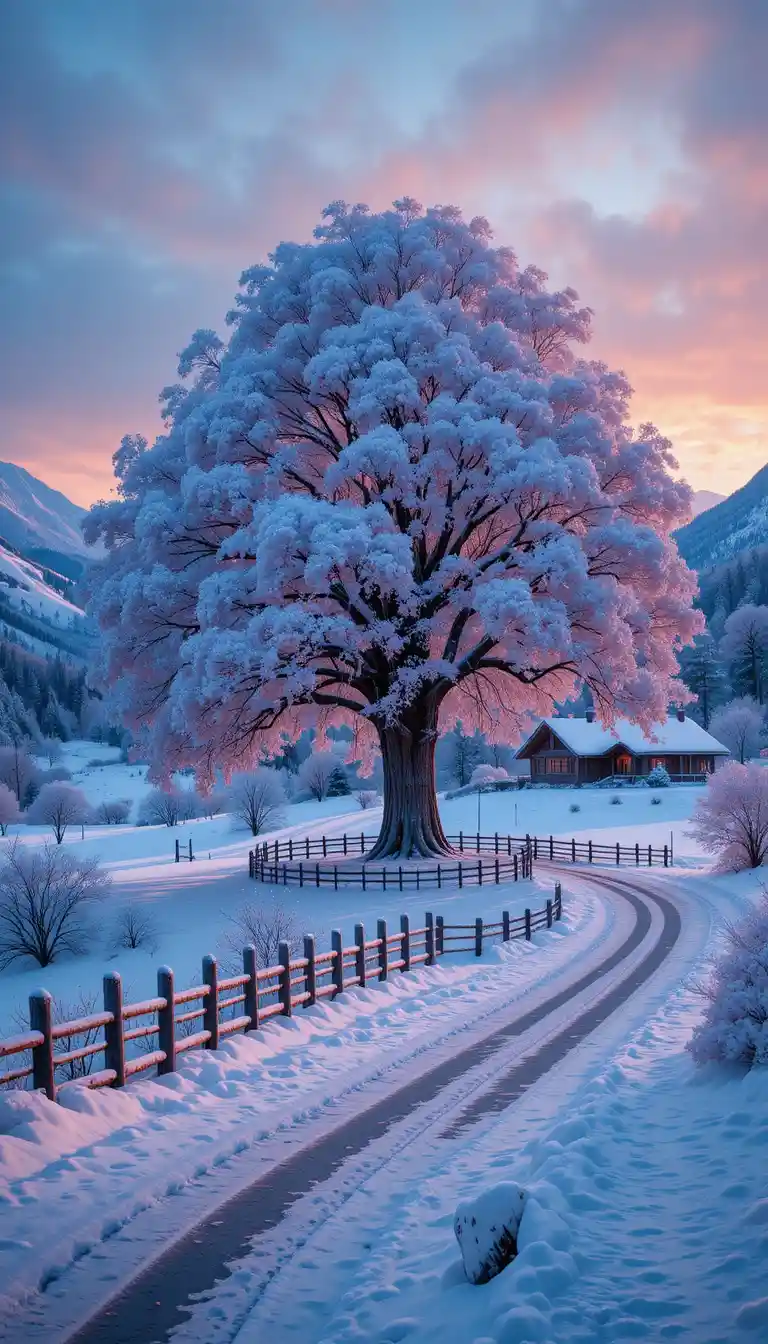 Snowy Tree And Road At Winter Mountain Sunset