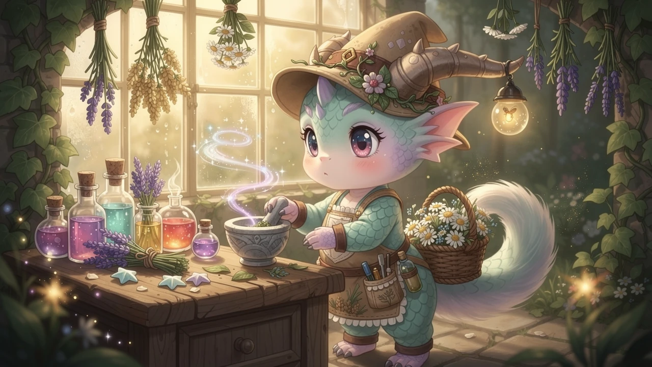 Niedlicher Chibi-Drachen-Kräuterheiler an einem gemütlichen Apothekentisch
